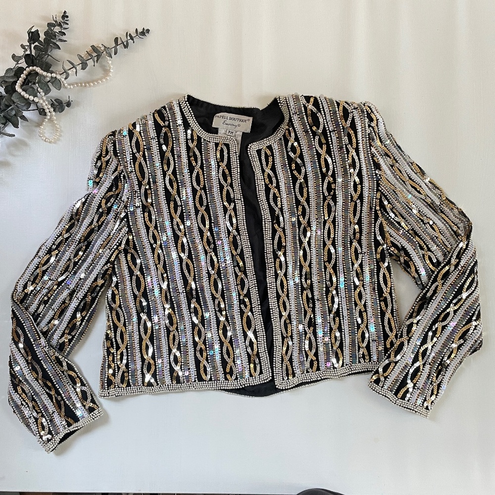 Papell Boutique Evening 100% Silk Jacket Petit Medium Heavily Beaded Formal Gala